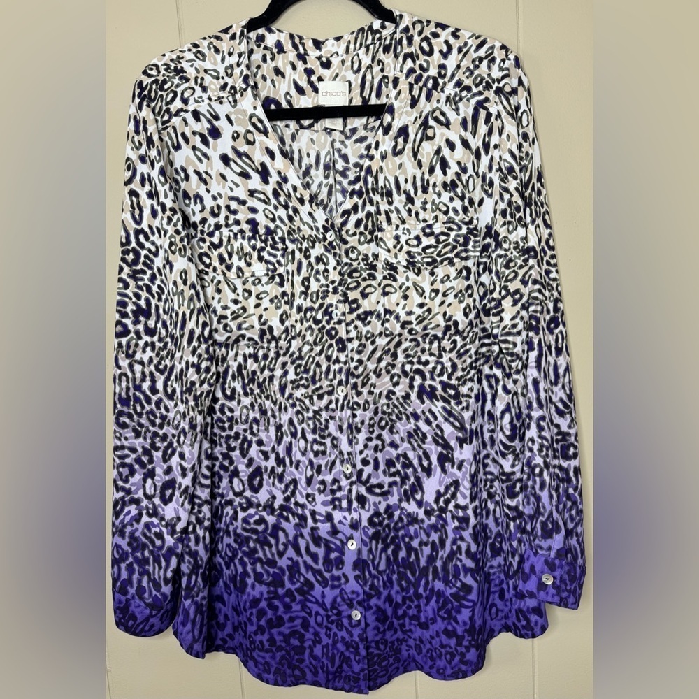 Chico's Ombre Animal Print Pearl Button Down Satiny Shirt Womens 3 Size 16
